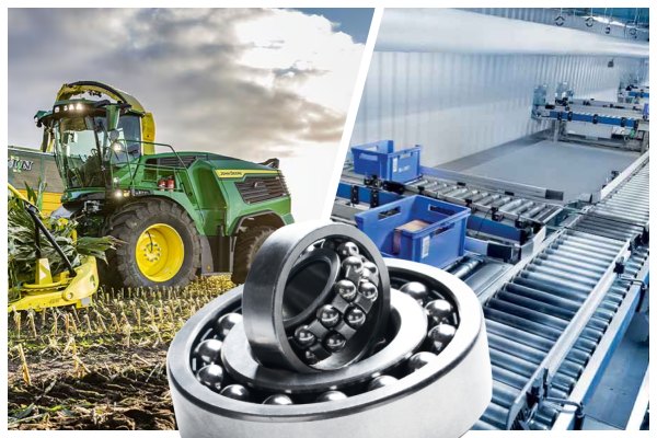 Self-aligning ball bearings installed in conveyor systems and agricultural machinery to handle shaft deflection.