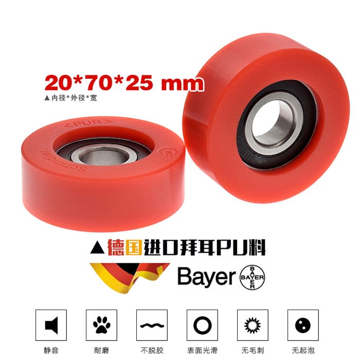 6204 rubber-coated bearing PU polyurethane soft rubber wheel PUR guide wheel Bearing with size 20*70*25mm