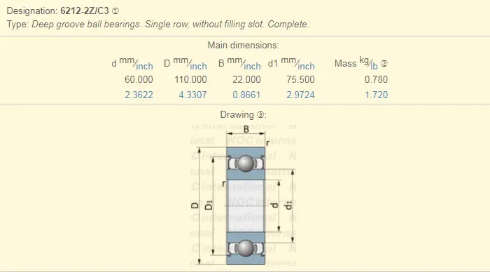 6212-2Z Single Row Deep Groove Ball Bearings 6212-2Z/C3 60x110x22mm Bearings for Electric Motors