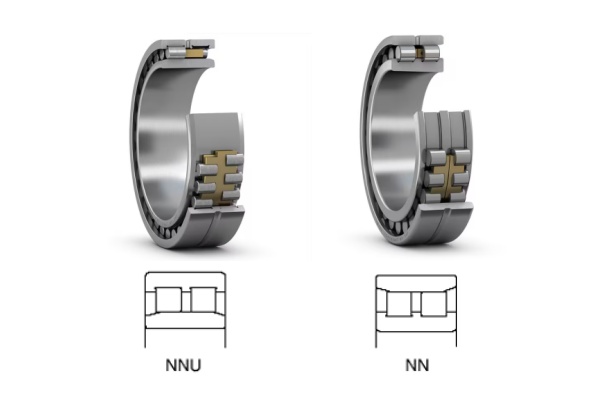 Technical diagram illustrating the differences between NN and NNP cylindrical roller bearing designs.