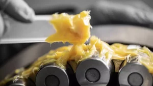 A close-up view of grease being applied to the rolling elements and raceways of a cylindrical roller bearing.