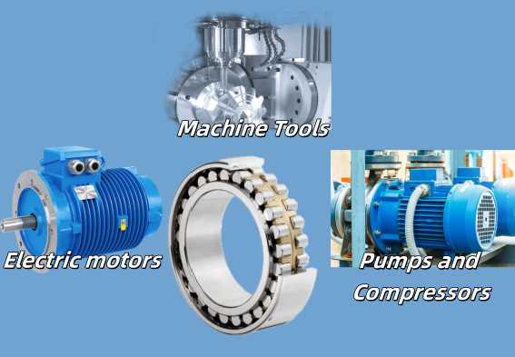 Applications of cylindrical roller bearings in industries like machine tools, electric motors, and pumps, showcasing their ability to handle high radial loads.