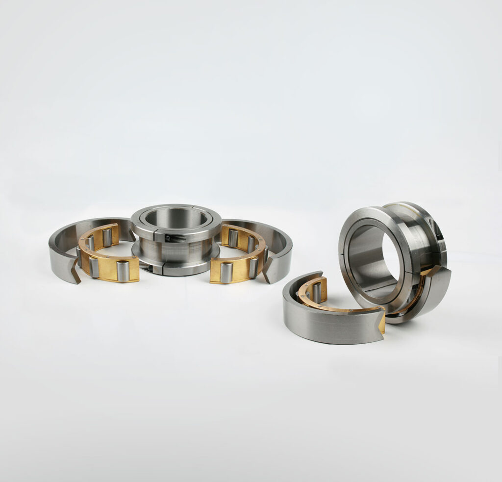 Split cylindrical roller bearings designed for easy installation and maintenance in large machinery or tight spaces.