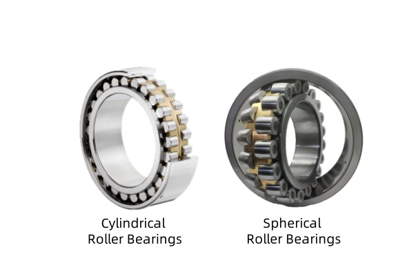 Structure and design comparison of cylindrical and spherical roller bearings, highlighting their roller shapes, raceway geometry, and load-bearing capabilities.