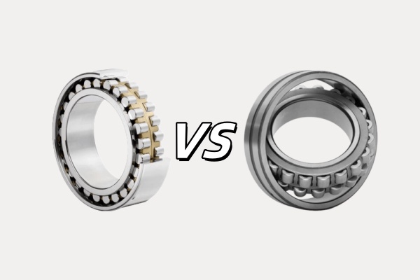 Side-by-side comparison of a cylindrical roller bearing and a spherical roller bearing, highlighting their key visual differences.