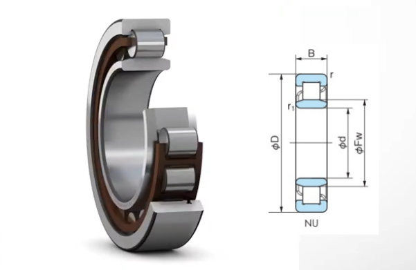 An image of a single row cylindrical roller bearing with two flanges and a filling slot (nup type)