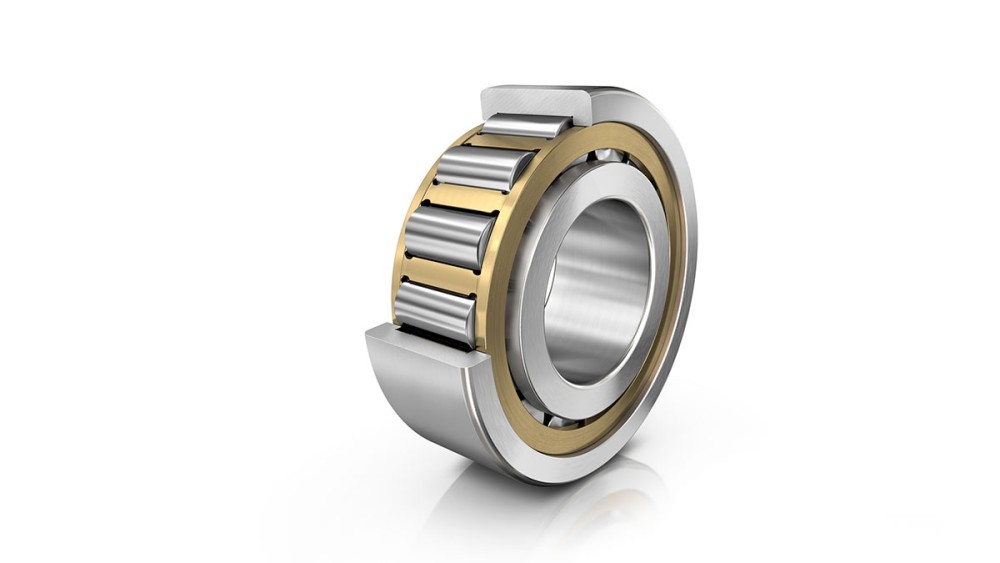 Close-up view of a standard cylindrical roller bearing with cage