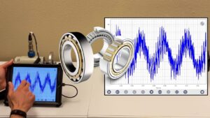 Image showing vibration sensors and software for cylindrical roller bearings analysis.