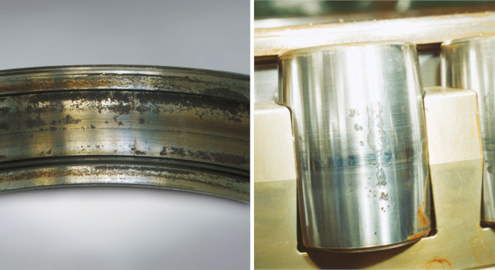 Example of corrosion damage on cylindrical roller bearings caused by moisture.