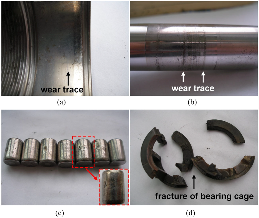 Close-up image of worn-out parts in cylindrical roller bearings