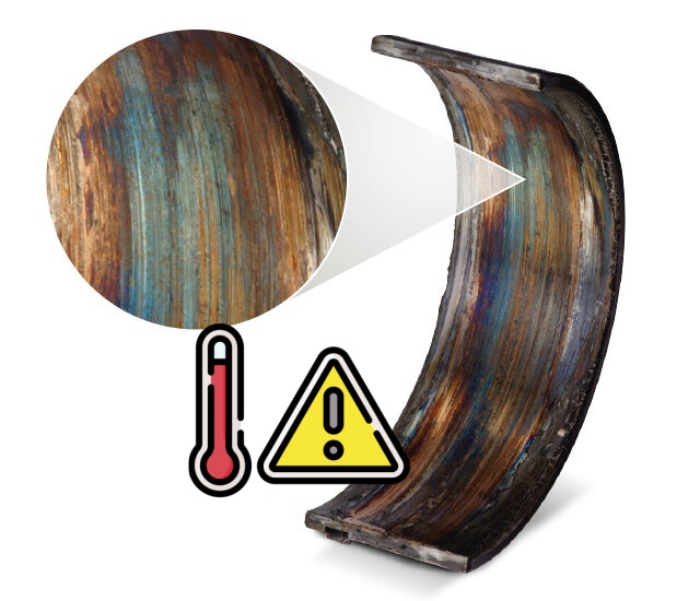 Overheating damage in cylindrical roller bearings.