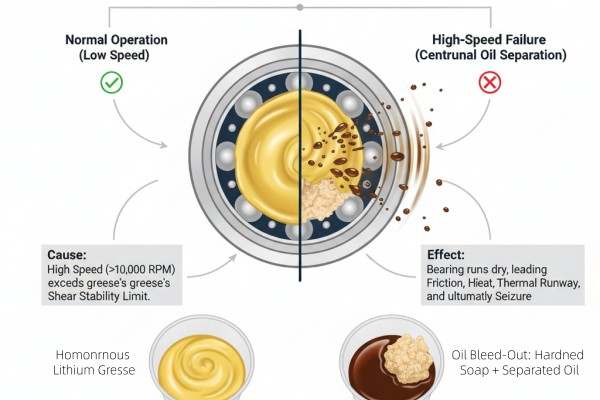A diagram illustrating normal bearing operation vs. bearing failure due to oil bleed-out and thickener collapse in lithium grease under high speed or high temperature, leading to dry friction, thermal runaway, and eventual seizure, with prevention tips.