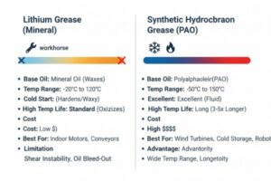 An infographic comparing key performance metrics, applications, and costs of lithium vs. synthetic bearing greases in 2026, highlighting synthetic's advantages in extreme conditions.