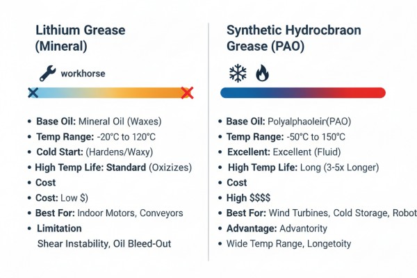 An infographic comparing key performance metrics, applications, and costs of lithium vs. synthetic bearing greases in 2026, highlighting synthetic's advantages in extreme conditions.
