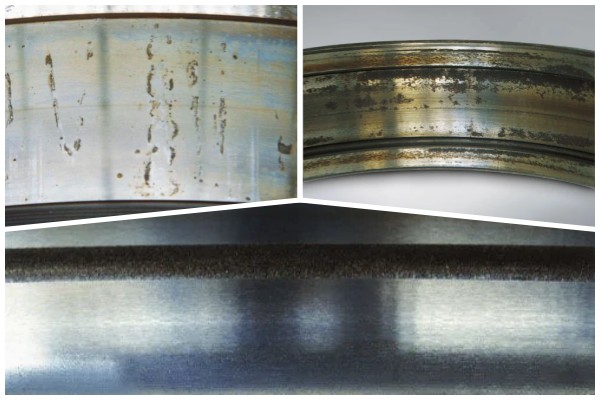 Close-up of rusted bearing raceway damage caused by high humidity storage conditions and broken down anti-rust oil.