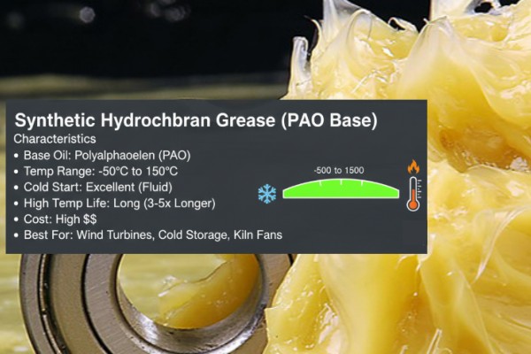 Close-up image of an industrial bearing with red synthetic grease, set against a background of wind turbines and industrial facilities, with text overlay detailing the advantages of synthetic hydrocarbon (PAO base) grease including wide temperature range, extended lifespan, and energy efficiency.