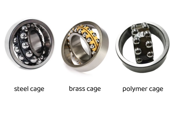 Three ball bearings side-by-side featuring different cage materials: steel ribbon cage, machined brass cage, and polyamide nylon cage.