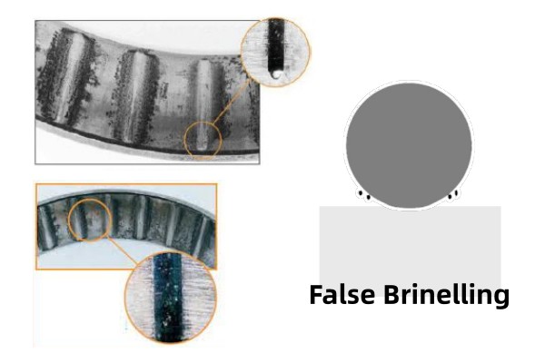 False Brinelling damage on bearing race caused by vibration during static storage in industrial environments.