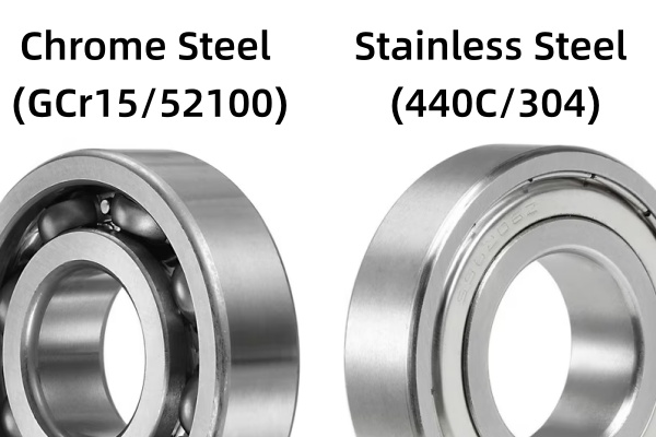 Visual comparison showing the difference between standard GCr15 Chrome Steel bearings and corrosion-resistant AISI 440C Stainless Steel bearings.